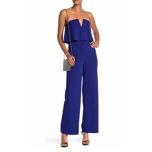 Bebe | Strapless V-Notch Crepe Jumpsuit | Blue - Picture 1 of 5